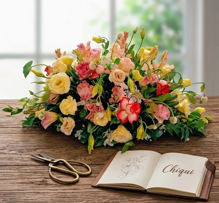florist hands arranging fresh flowers, artisan craftsmanship, boutique flower shop, natural light