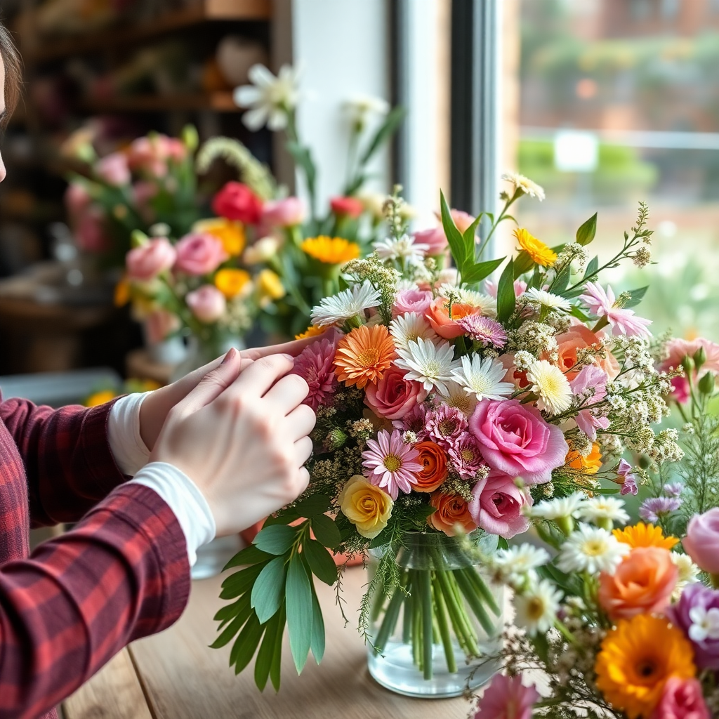 florist hands arranging fresh flowers, artisan craftsmanship, boutique flower shop, natural light