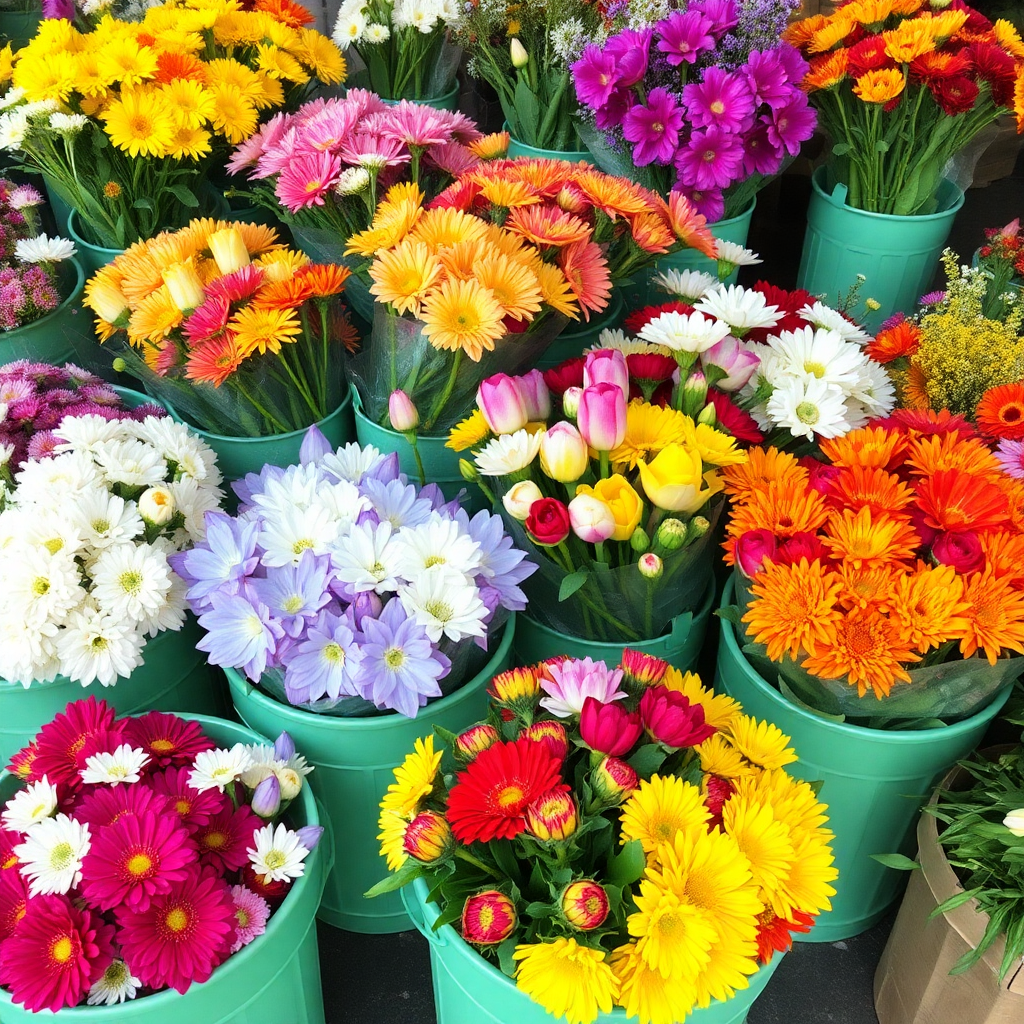variety of fresh cut flowers in buckets, colorful blooms, flower market, vibrant and fresh