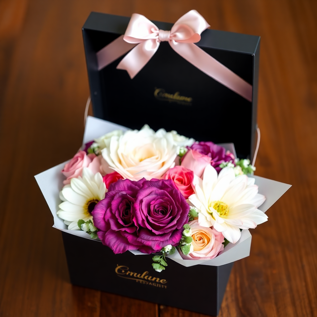 beautiful gift flower arrangement in decorative box, premium packaging, boutique style