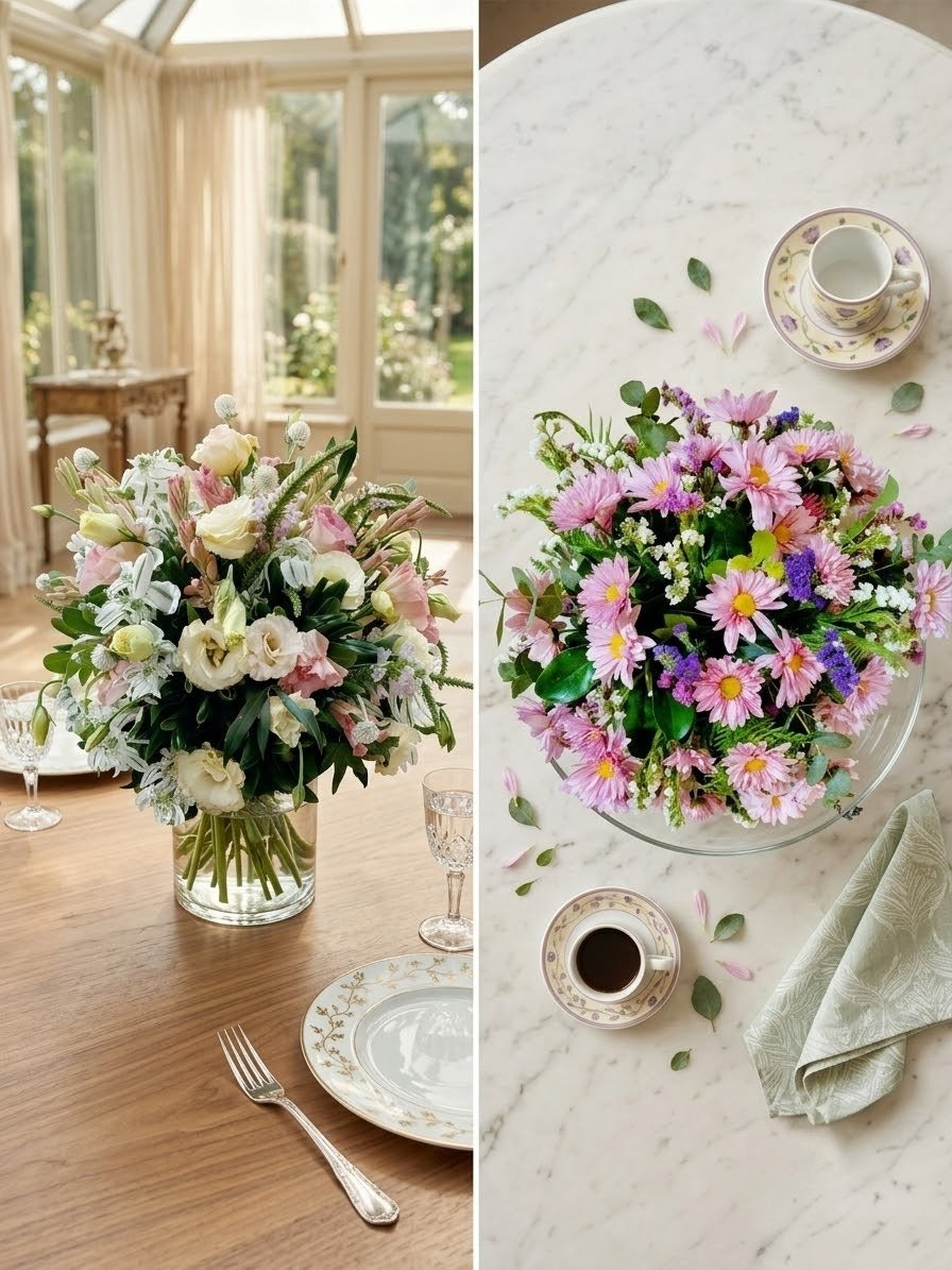 beautiful gift flower arrangement in decorative box, premium packaging, boutique style