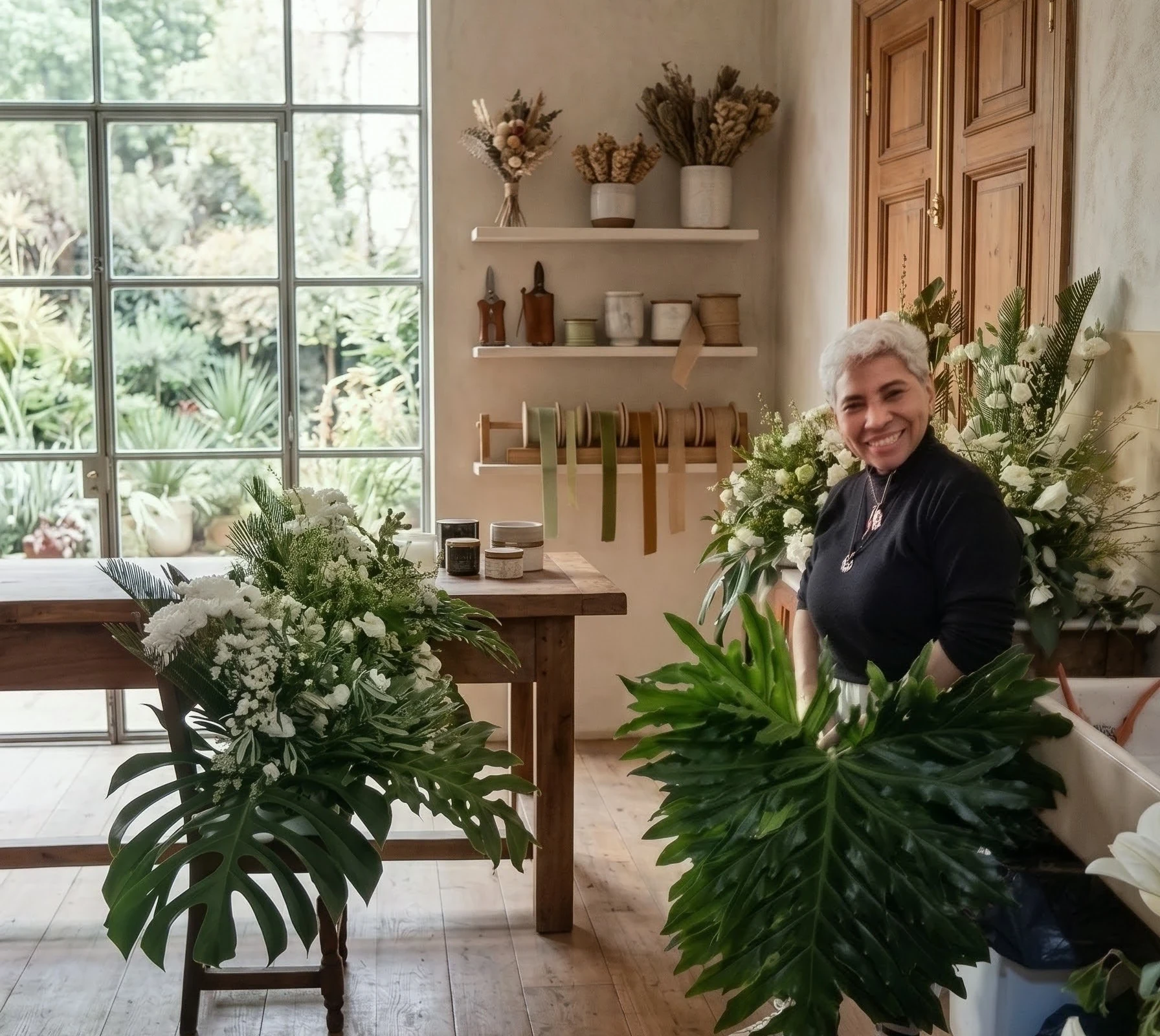 elegant flower shop interior with soft natural light, beautiful floral arrangements on wooden tables, cream and pink tones, boutique atmosphere