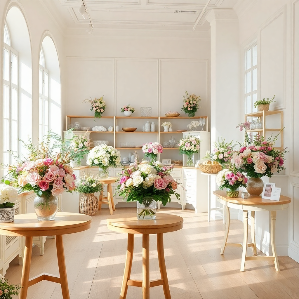 elegant flower shop interior with soft natural light, beautiful floral arrangements on wooden tables, cream and pink tones, boutique atmosphere